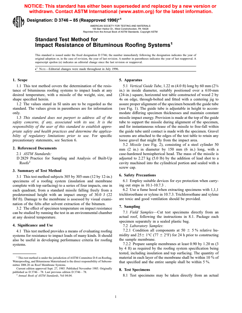 ASTM D3746-85(1996)e1 - Standard Test Method for Impact Resistance of Bituminous Roofing Systems