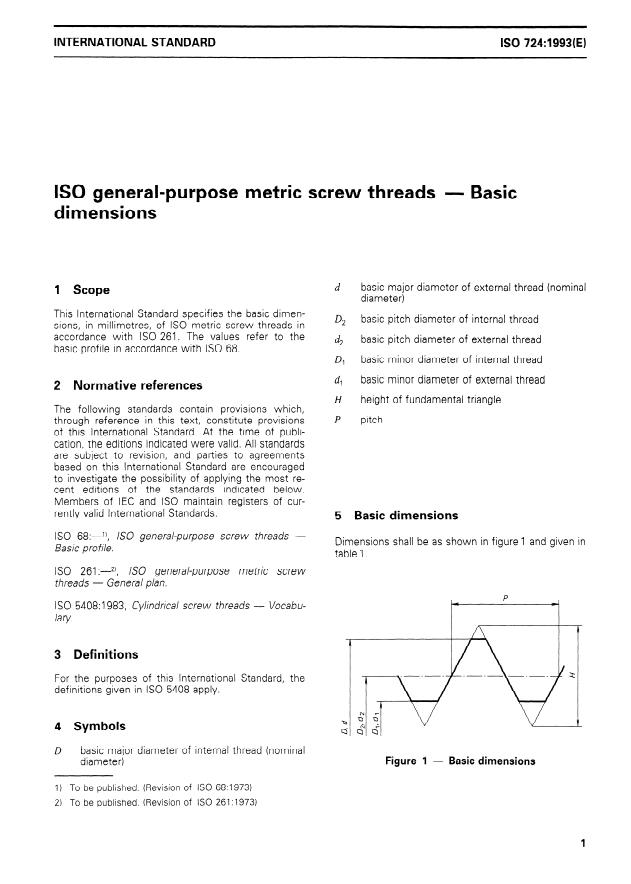 ISO 724:1993 - ISO general-purpose metric screw threads -- Basic dimensions