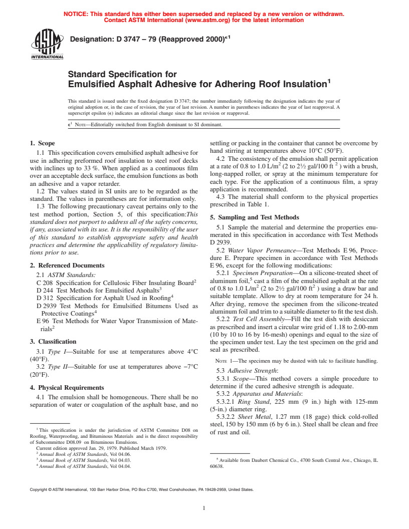 ASTM D3747-79(2000)e1 - Standard Specification for Emulsified Asphalt Adhesive for Adhering Roof Insulation