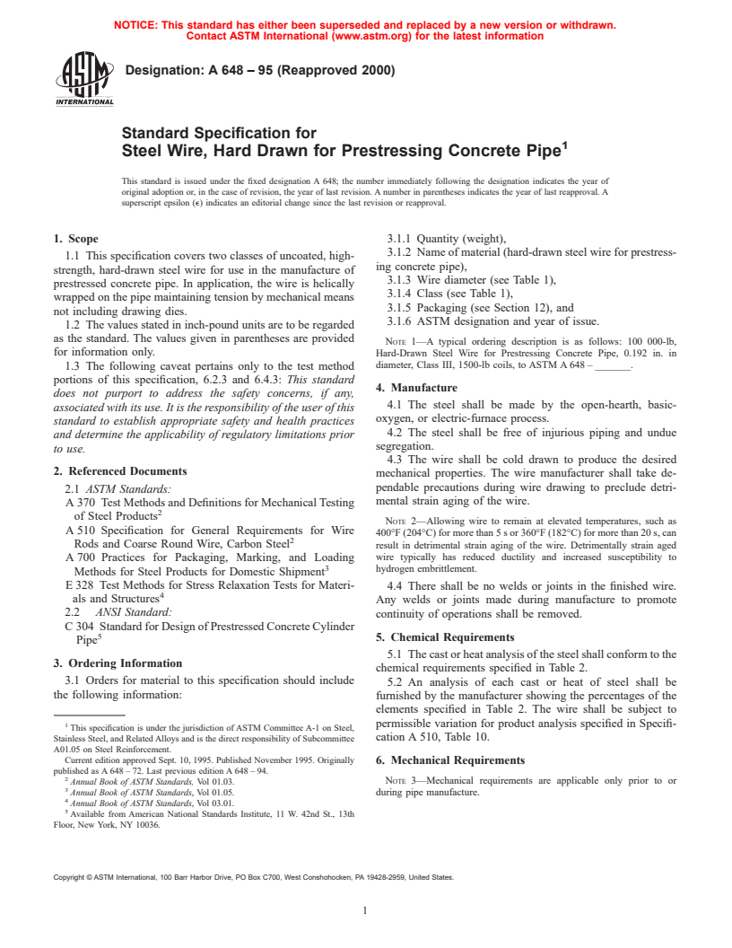 ASTM A648-95(2000) - Standard Specification for Steel Wire, Hard Drawn for Prestressing Concrete Pipe