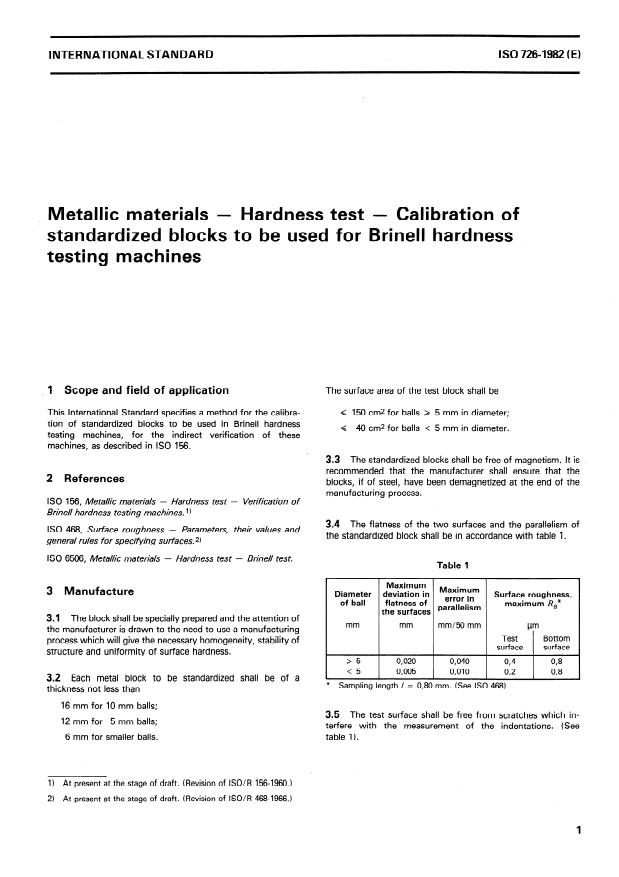 ISO 726:1982 - Metallic materials -- Hardness test -- Calibration of standardized blocks to be used for Brinell hardness testing machines