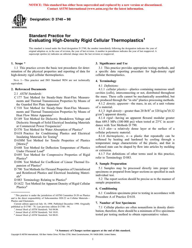 ASTM D3748-98 - Standard Practice for Evaluating High-Density Rigid Cellular Thermoplastics