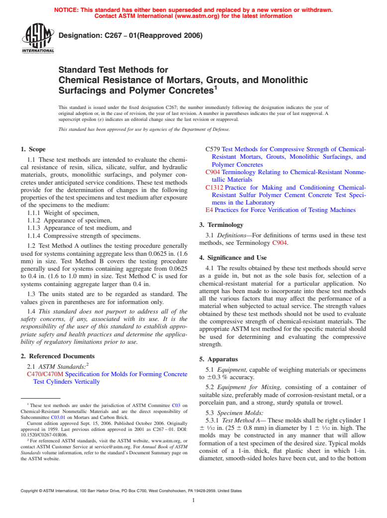 ASTM C267-01(2006) - Standard Test Methods for Chemical Resistance of Mortars, Grouts, and Monolithic Surfacings and Polymer Concretes