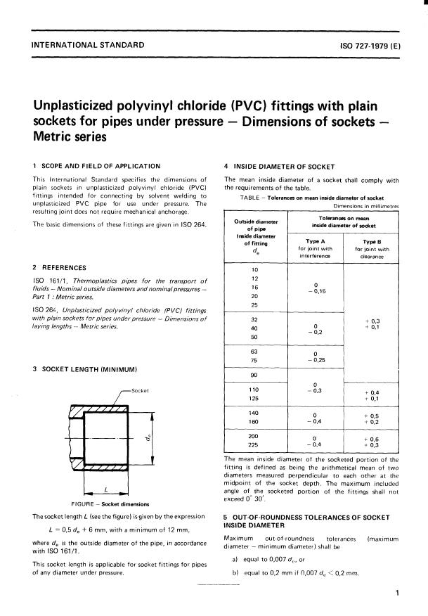 ISO 727:1979 - Unplasticized polyvinyl chloride (PVC) fittings with plain sockets for pipes under pressure -- Dimensions of sockets -- Metric series