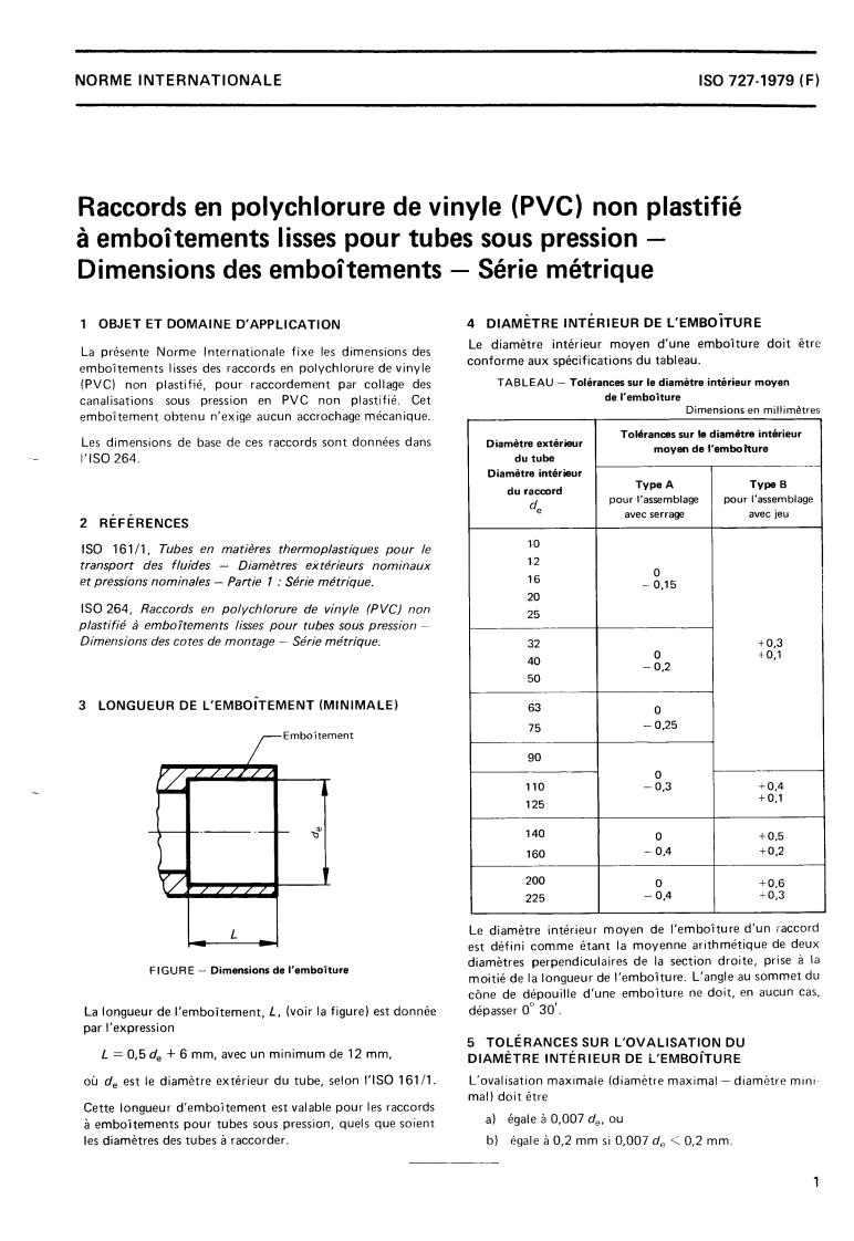 ISO 727:1979 - Unplasticized polyvinyl chloride (PVC) fittings with plain sockets for pipes under pressure — Dimensions of sockets — Metric series
Released:9/1/1979