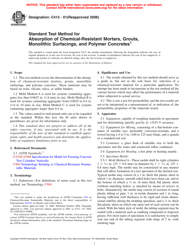 ASTM C413-01(2006) - Standard Test Method for Absorption of Chemical-Resistant Mortars, Grouts, Monolithic Surfacings, and Polymer Concretes