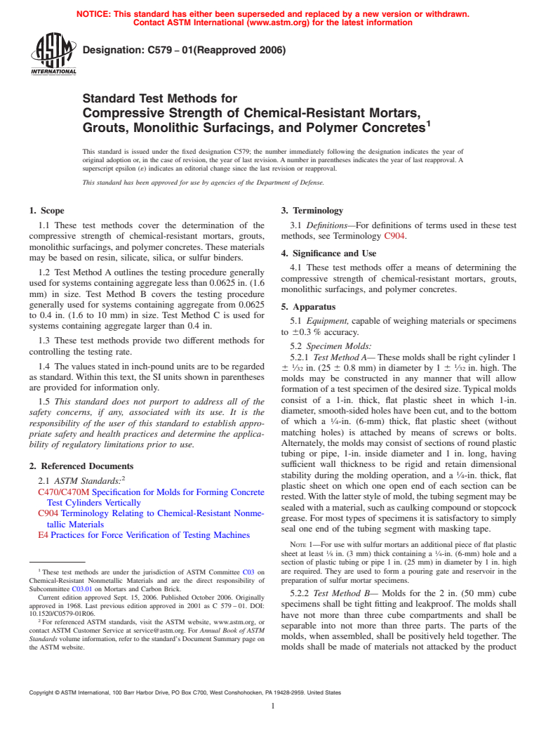 ASTM C579-01(2006) - Standard Test Methods for Compressive Strength of Chemical-Resistant Mortars, Grouts, Monolithic Surfacings, and Polymer Concretes