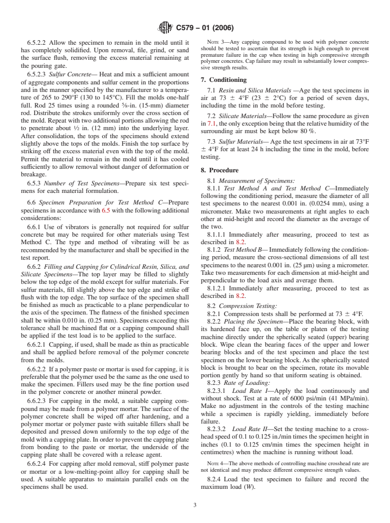 ASTM C579-01(2006) - Standard Test Methods for Compressive Strength of Chemical-Resistant Mortars, Grouts, Monolithic Surfacings, and Polymer Concretes