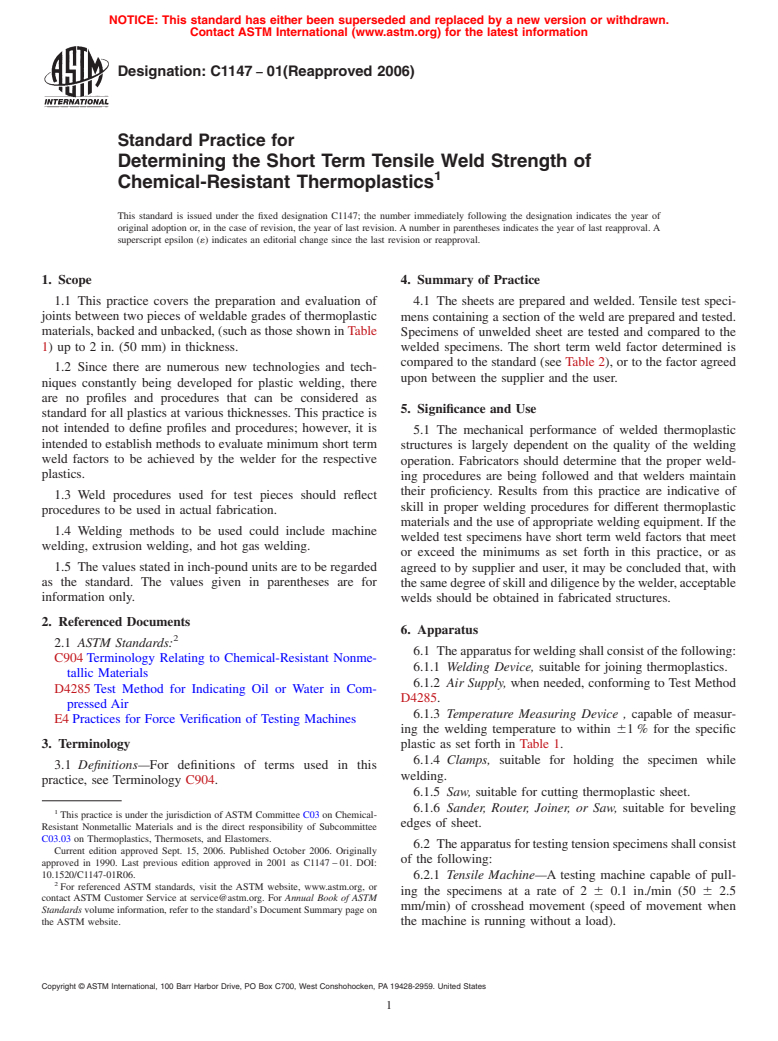 ASTM C1147-01(2006) - Standard Practice for Determining the Short Term Tensile Weld Strength of Chemical-Resistant Thermoplastics