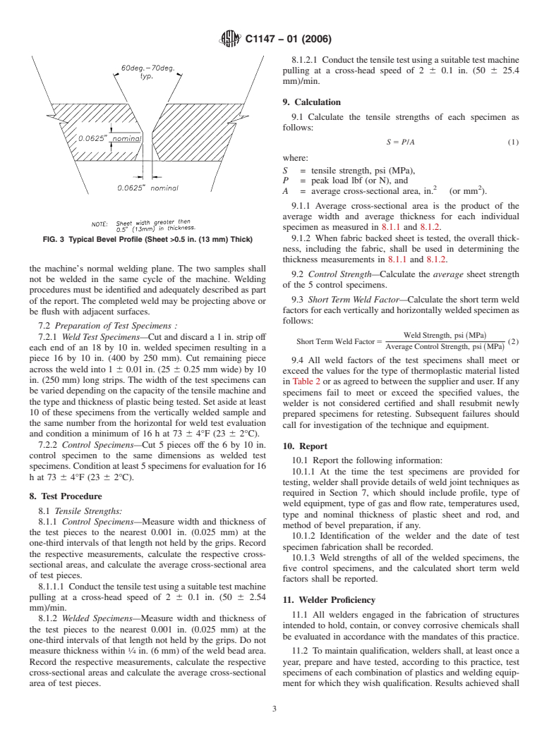 ASTM C1147-01(2006) - Standard Practice for Determining the Short Term Tensile Weld Strength of Chemical-Resistant Thermoplastics