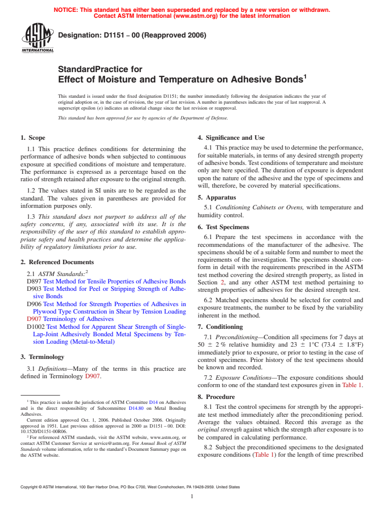 ASTM D1151-00(2006) - Standard Practice for Effect of Moisture and Temperature on Adhesive Bonds