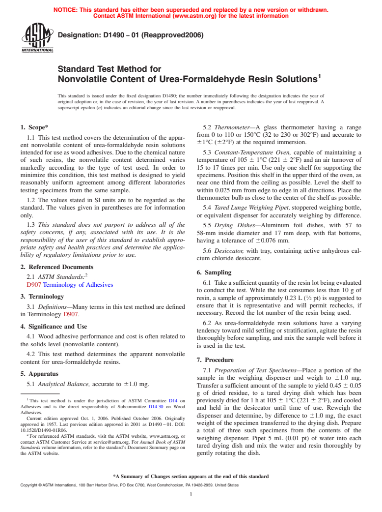 ASTM D1490-01(2006) - Standard Test Method for Nonvolatile Content of Urea-Formaldehyde Resin Solutions