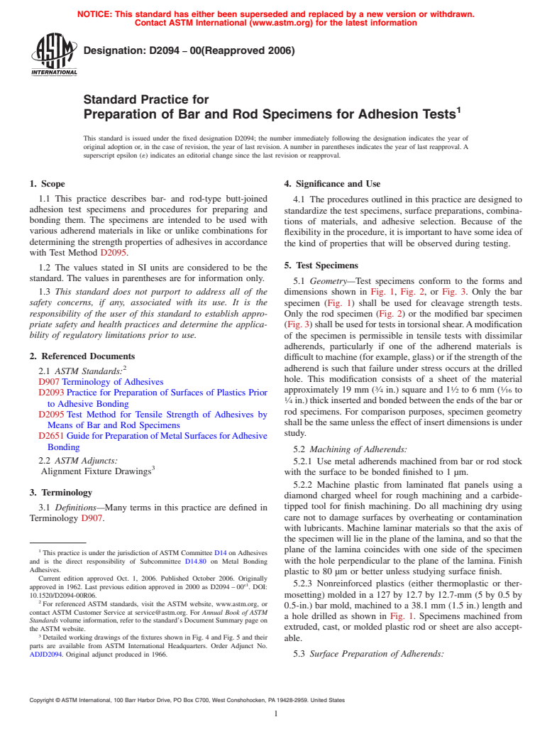 ASTM D2094-00(2006) - Standard Practice for Preparation of Bar and Rod Specimens for Adhesion Tests