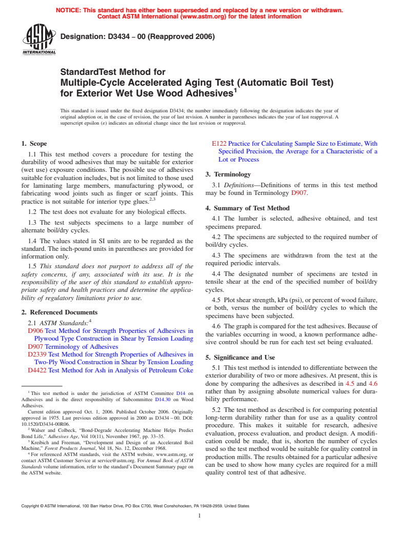 ASTM D3434-00(2006) - Standard Test Method for Multiple-Cycle Accelerated Aging Test (Automatic Boil Test) for Exterior Wet Use Wood Adhesives