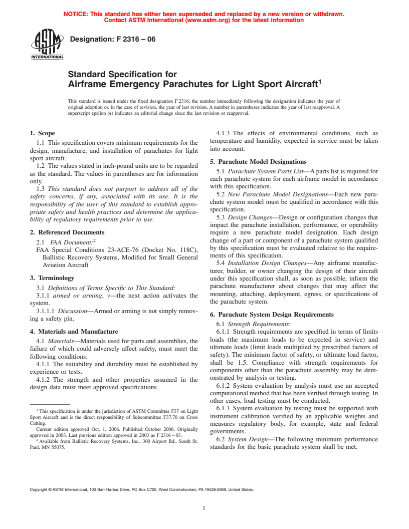 ASTM F2316-06 - Standard Specification for Airframe Emergency Parachutes for Light Sport Aircraft