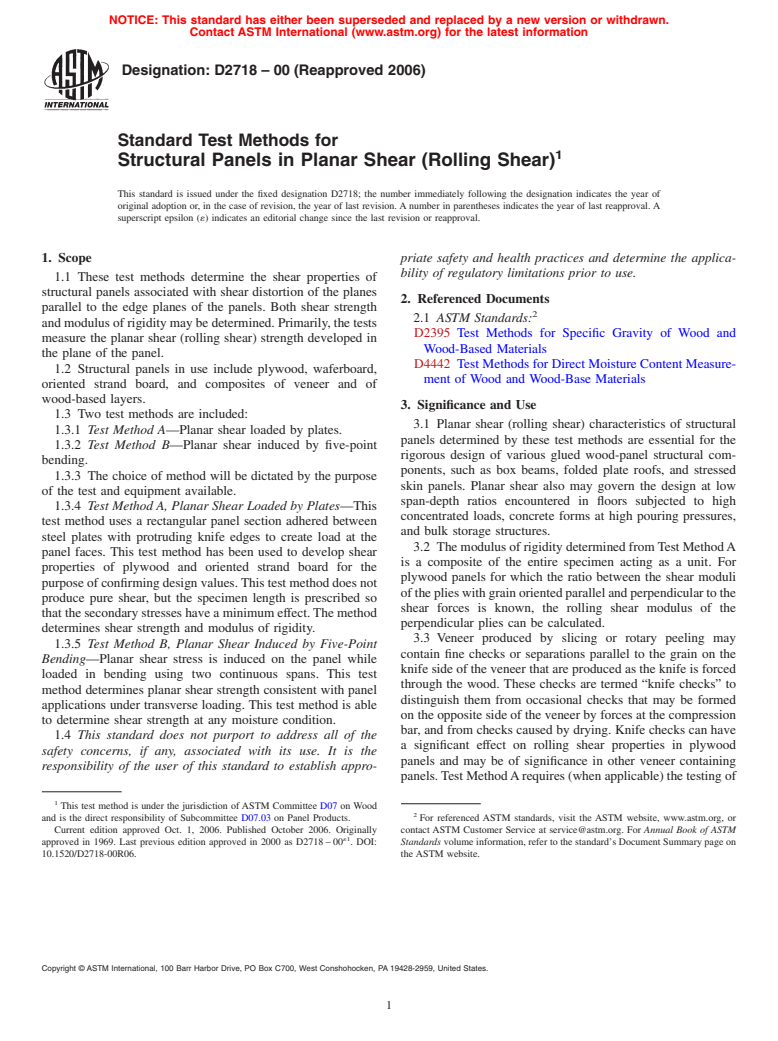 ASTM D2718-00(2006) - Standard Test Methods for Structural Panels in Planar Shear (Rolling Shear)