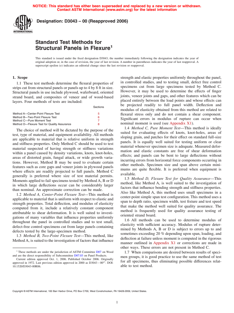 ASTM D3043-00(2006) - Standard Test Methods for Structural Panels in Flexure