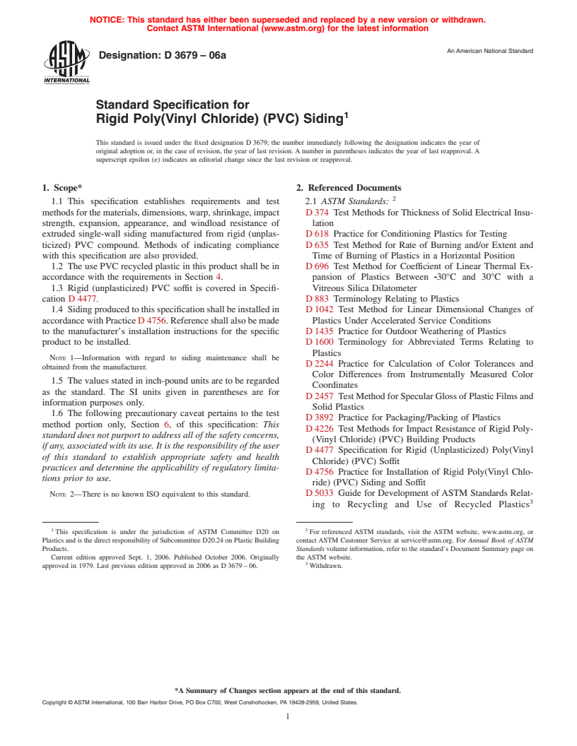 ASTM D3679-06a - Standard Specification for Rigid Poly(Vinyl Chloride) (PVC) Siding