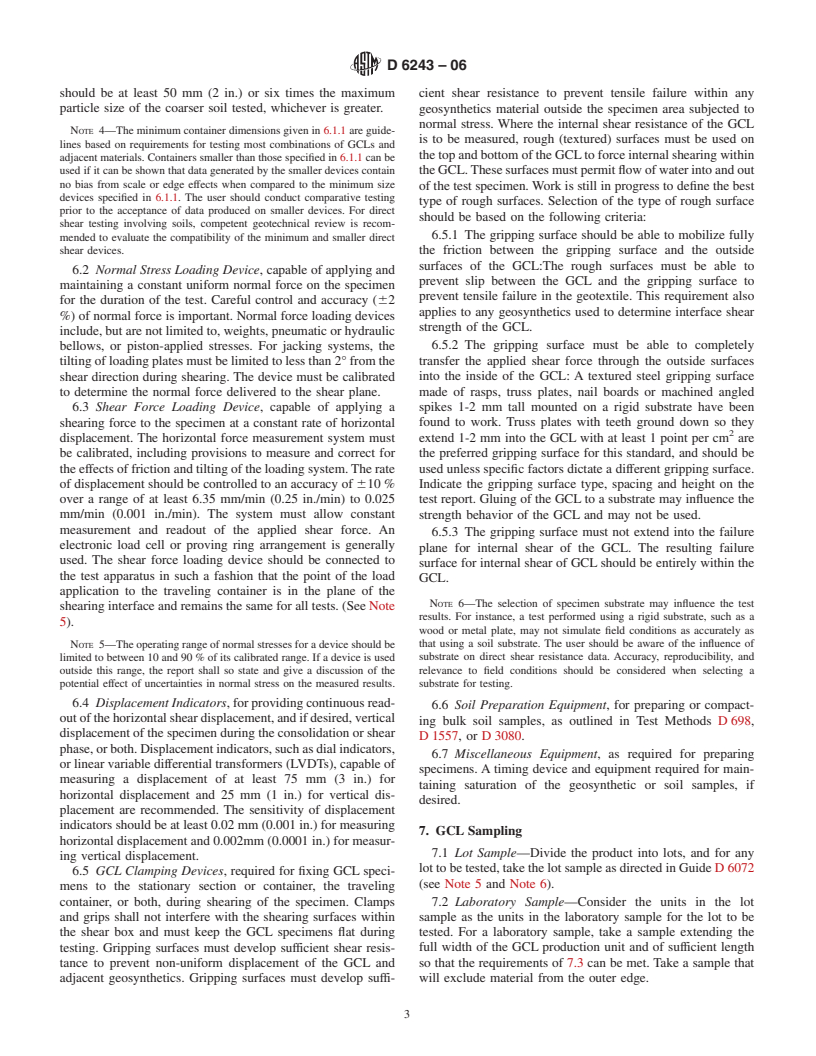 ASTM D6243-06 - Standard Test Method for Determining the Internal and Interface Shear Resistance of Geosynthetic Clay Liner by the Direct Shear Method