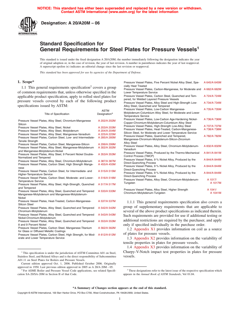 ASTM A20/A20M-06 - Standard Specification for General Requirements for Steel Plates for Pressure Vessels