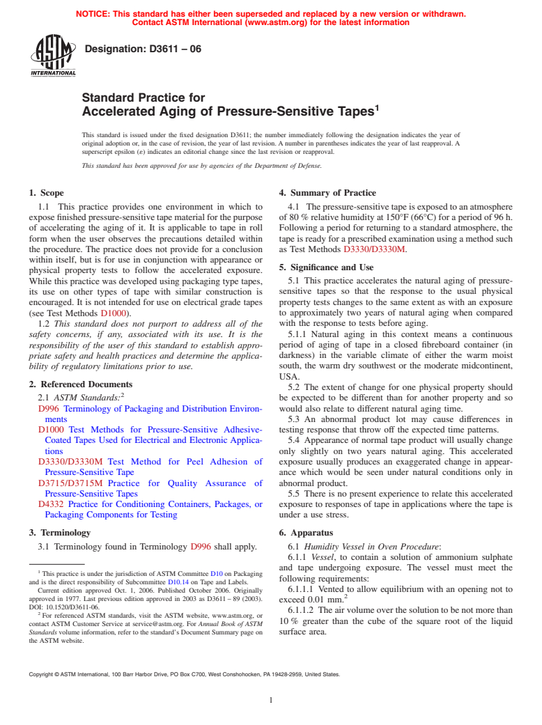 ASTM D3611-06 - Standard Practice for Accelerated Aging of Pressure-Sensitive Tapes