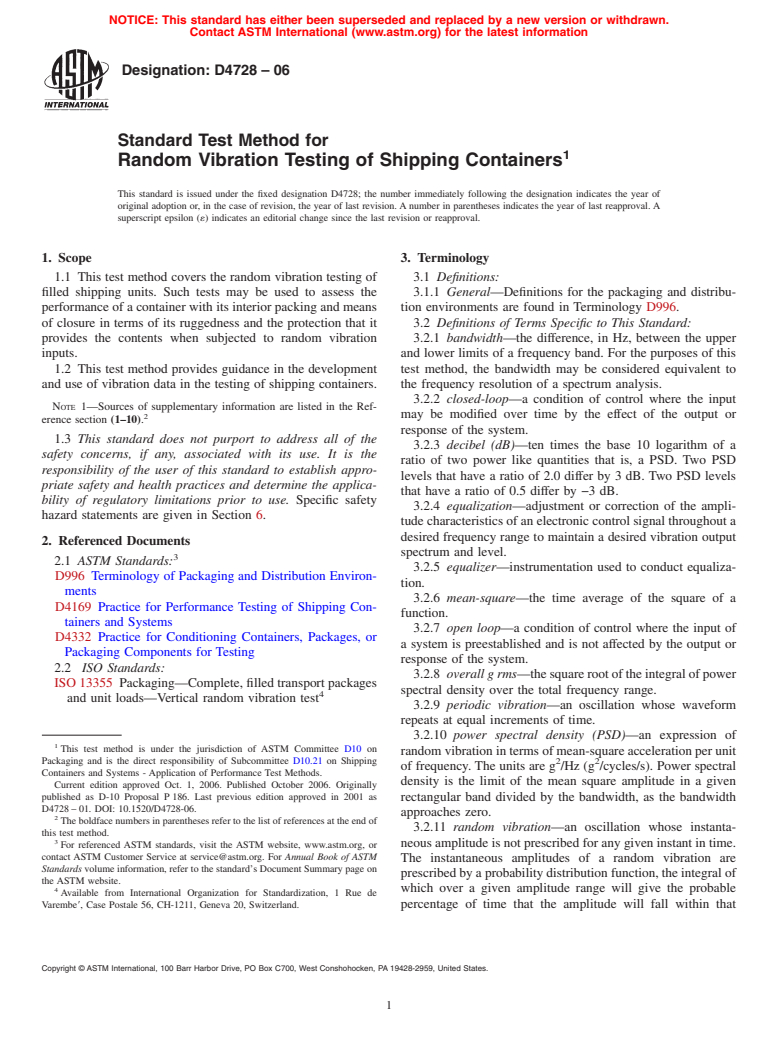 ASTM D4728-06 - Standard Test Method for Random Vibration Testing of Shipping Containers