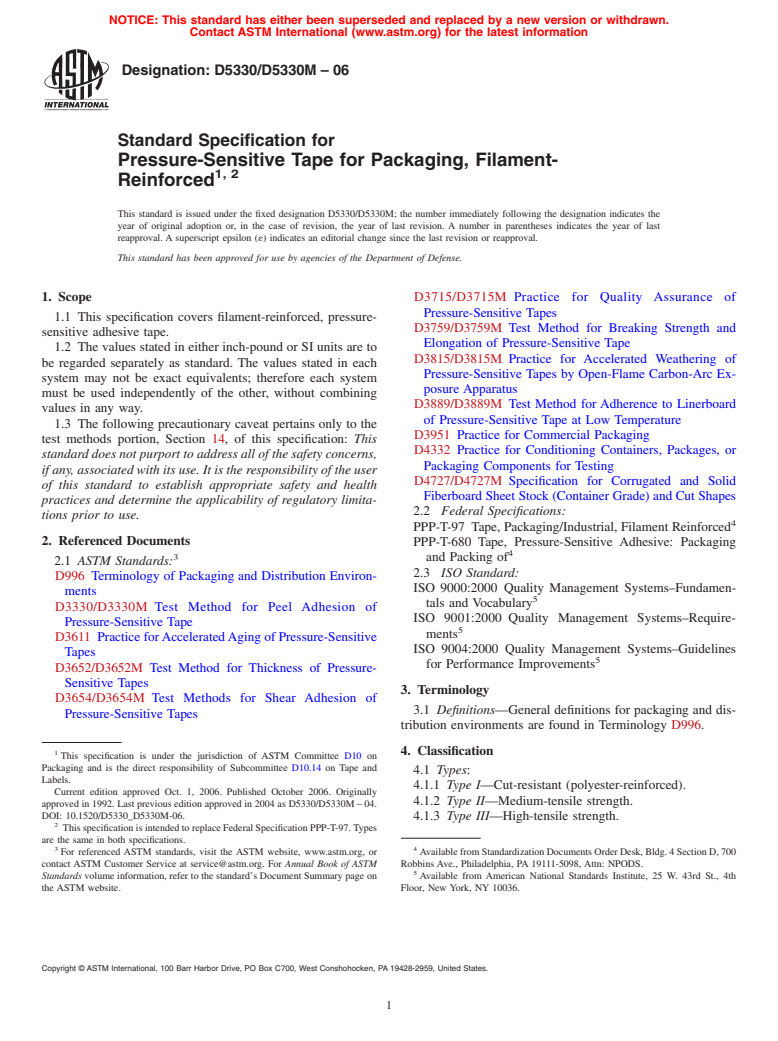 ASTM D5330/D5330M-06 - Standard Specification for Pressure-Sensitive Tape for Packaging, Filament-Reinforced
