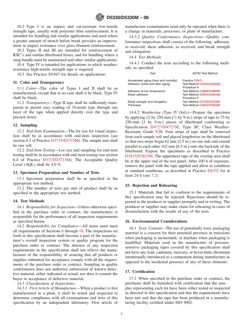 ASTM D5330/D5330M-06 - Standard Specification for Pressure-Sensitive Tape for Packaging, Filament-Reinforced