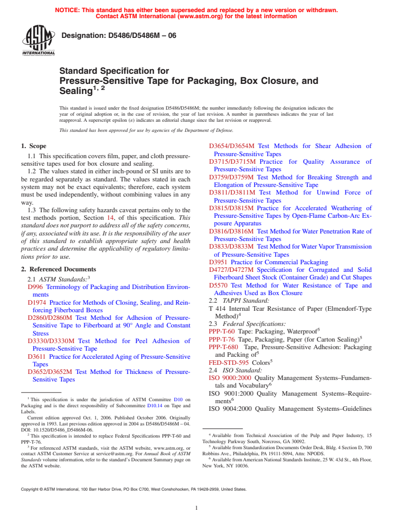 ASTM D5486/D5486M-06 - Standard Specification for Pressure-Sensitive Tape for Packaging, Box Closure, and Sealing