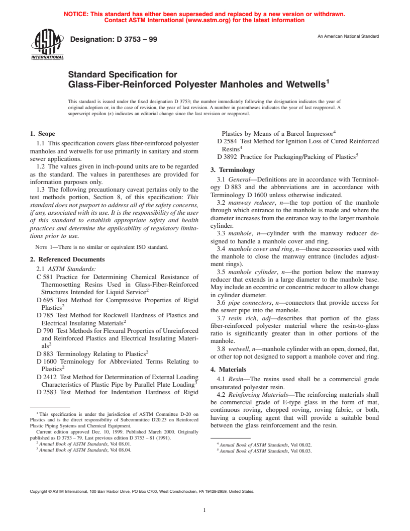 ASTM D3753-99 - Standard Specification for Glass-Fiber-Reinforced Polyester Manholes and Wetwells