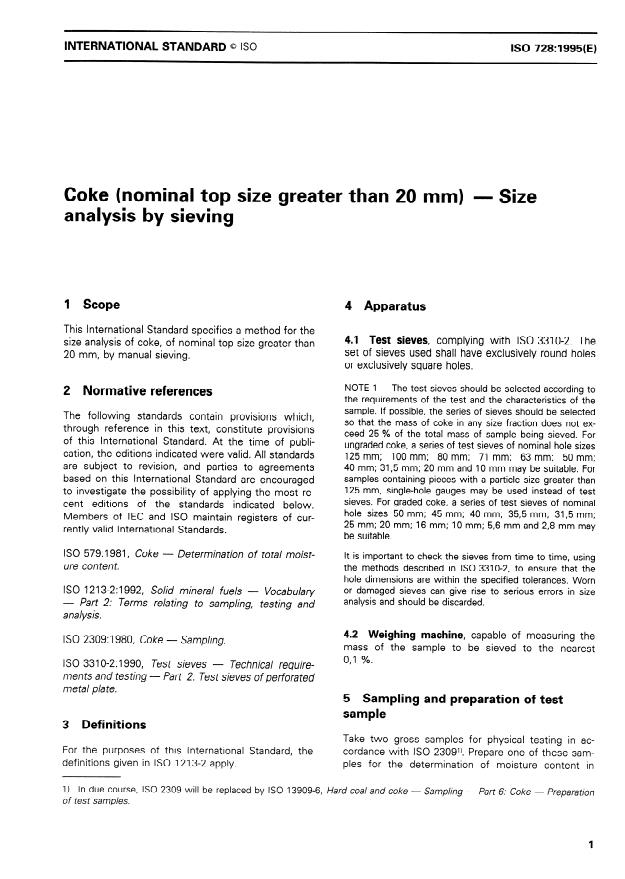 ISO 728:1995 - Coke (nominal top size greater than 20 mm) -- Size analysis by sieving