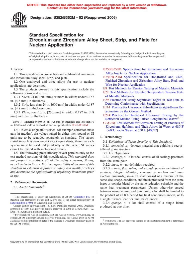 ASTM B352/B352M-02(2006) - Standard Specification for Zirconium and Zirconium Alloy Sheet, Strip, and Plate for Nuclear Application