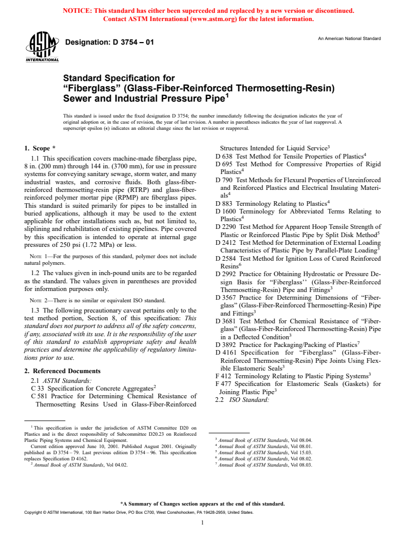 ASTM D3754-01 - Standard Specification for "Fiberglass" (Glass-Fiber-Reinforced Thermosetting-Resin) Sewer and Industrial Pressure Pipe