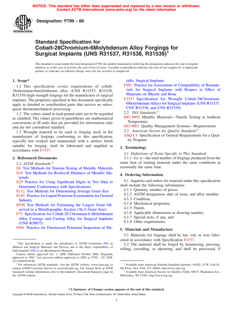 ASTM F799-06 - Standard Specification for Cobalt-28Chromium-6Molybdenum Alloy Forgings for Surgical Implants (UNS R31537, R31538, R31539)