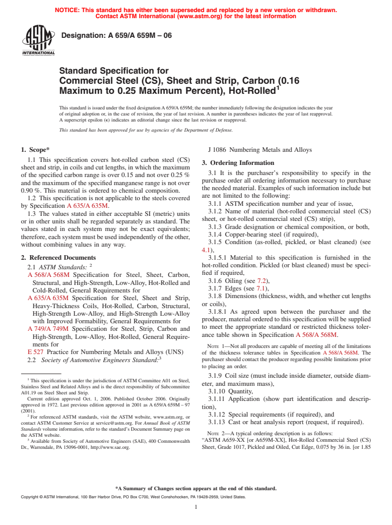 ASTM A659/A659M-06 - Standard Specification for Commercial Steel (CS), Sheet and Strip, Carbon (0.16 Maximum to 0.25 Maximum Percent), Hot-Rolled