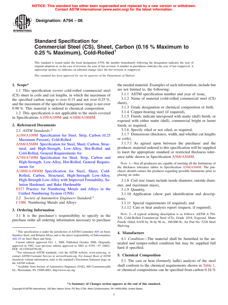 ASTM A794-06 - Standard Specification for Commercial Steel (CS), Sheet, Carbon (0.16 % Maximum to 0.25 % Maximum), Cold-Rolled