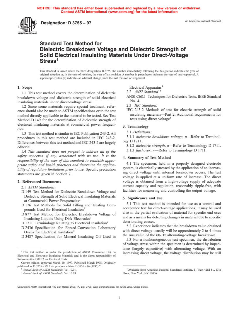 ASTM D3755-97 - Standard Test Method for Dielectric Breakdown Voltage and Dielectric Strength of Solid Electrical Insulating Materials Under Direct-Voltage Stress