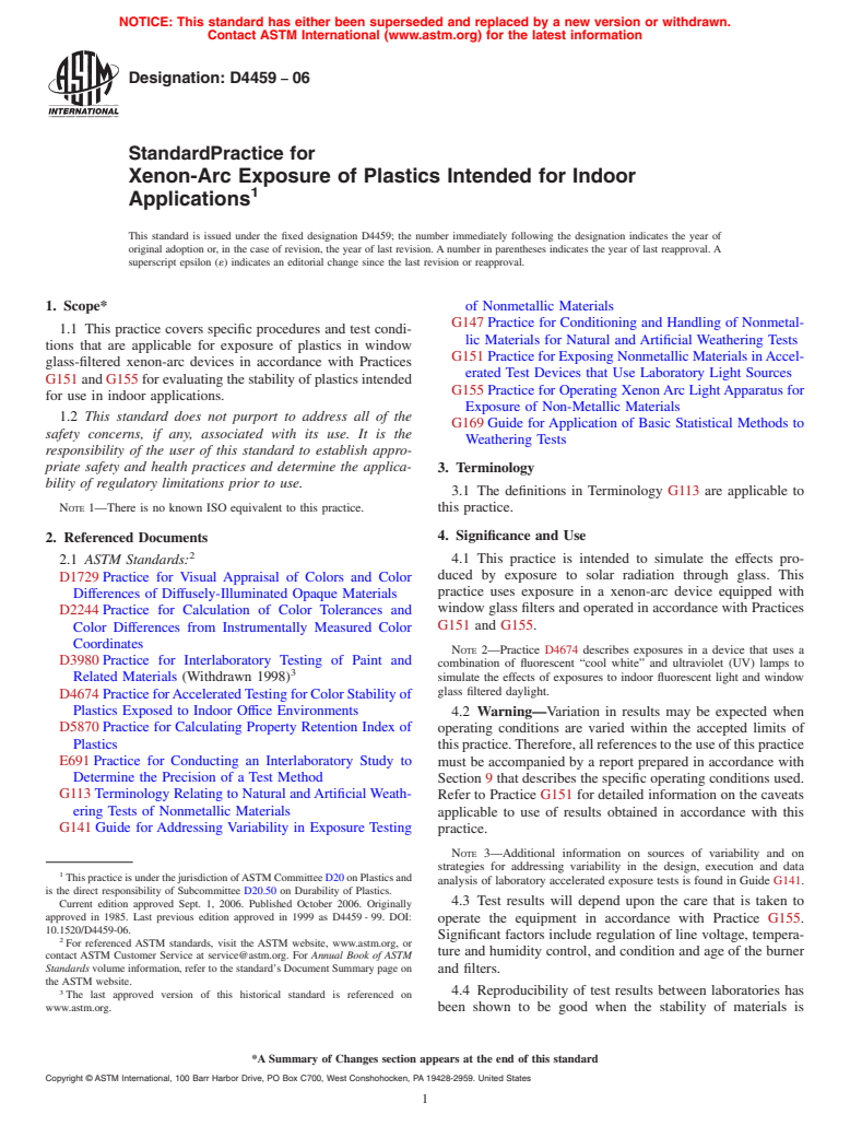 ASTM D4459-06 - Standard Practice for Xenon-Arc Exposure of Plastics Intended for Indoor Applications