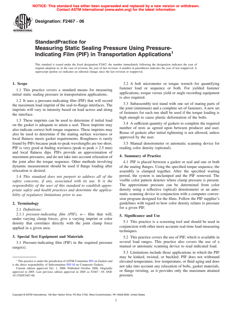 ASTM F2467-06 - Standard Practice for Measuring Static Sealing Pressure Using Pressure-Indicating Film (PIF) in Transportation Applications