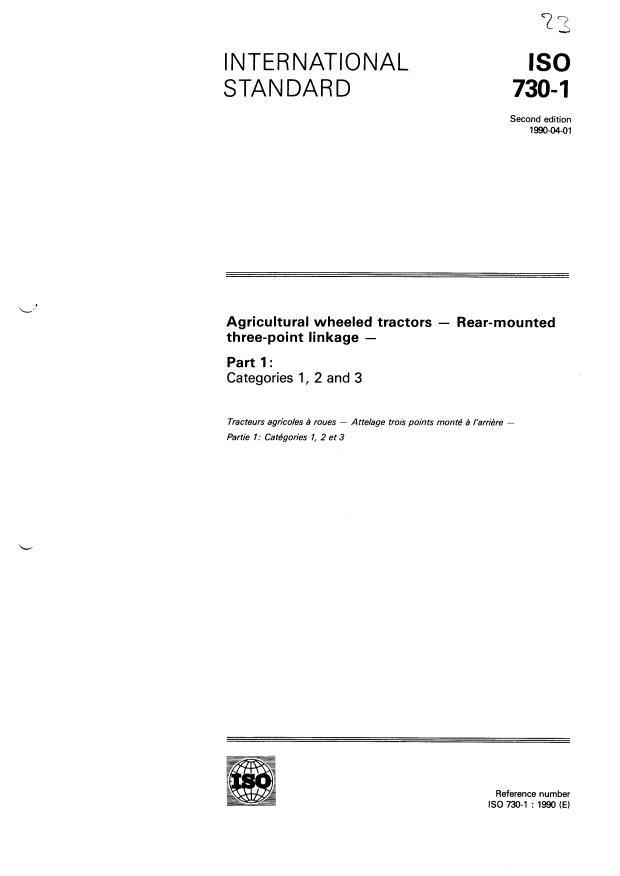 ISO 730-1:1990 - Agricultural wheeled tractors -- Rear-mounted three-point linkage