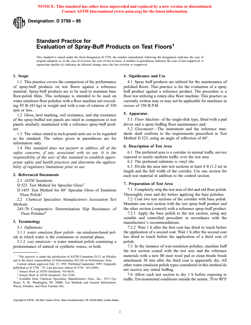 ASTM D3758-95 - Standard Practice for Evaluation of Spray-Buff Products on Test Floors