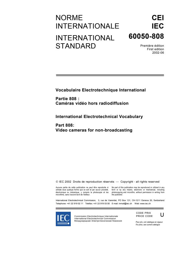 IEC 60050-808:2002 - International Electrotechnical Vocabulary (IEV) - Part 808: Video cameras for non-broadcasting
