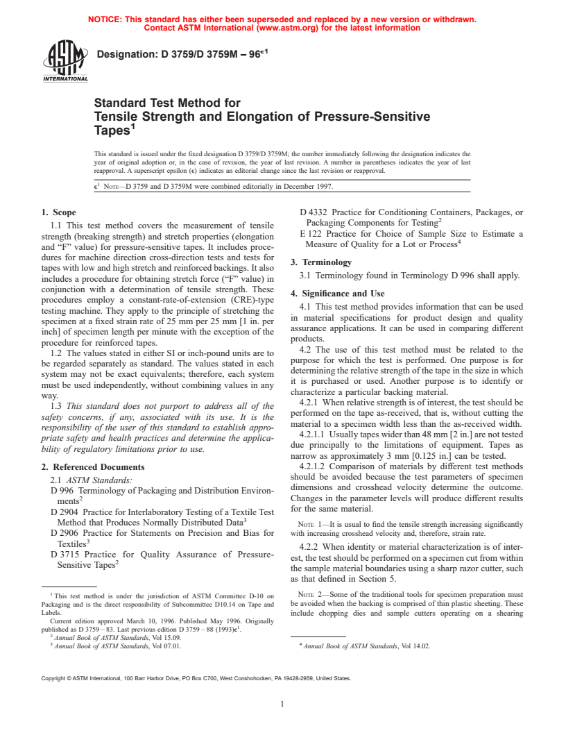 ASTM D3759/D3759M-96e1 - Standard Test Method for Tensile Strength and Elongation of Pressure-Sensitive Tapes