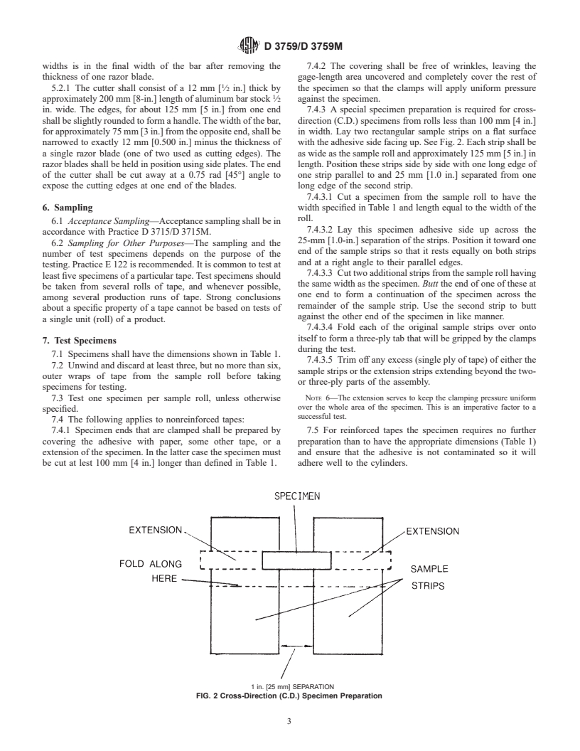 ASTM D3759/D3759M-96e1 - Standard Test Method for Tensile Strength and Elongation of Pressure-Sensitive Tapes