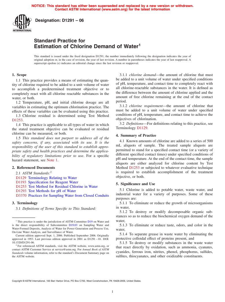 ASTM D1291-06 - Standard Practice for Estimation of Chlorine Demand of Water