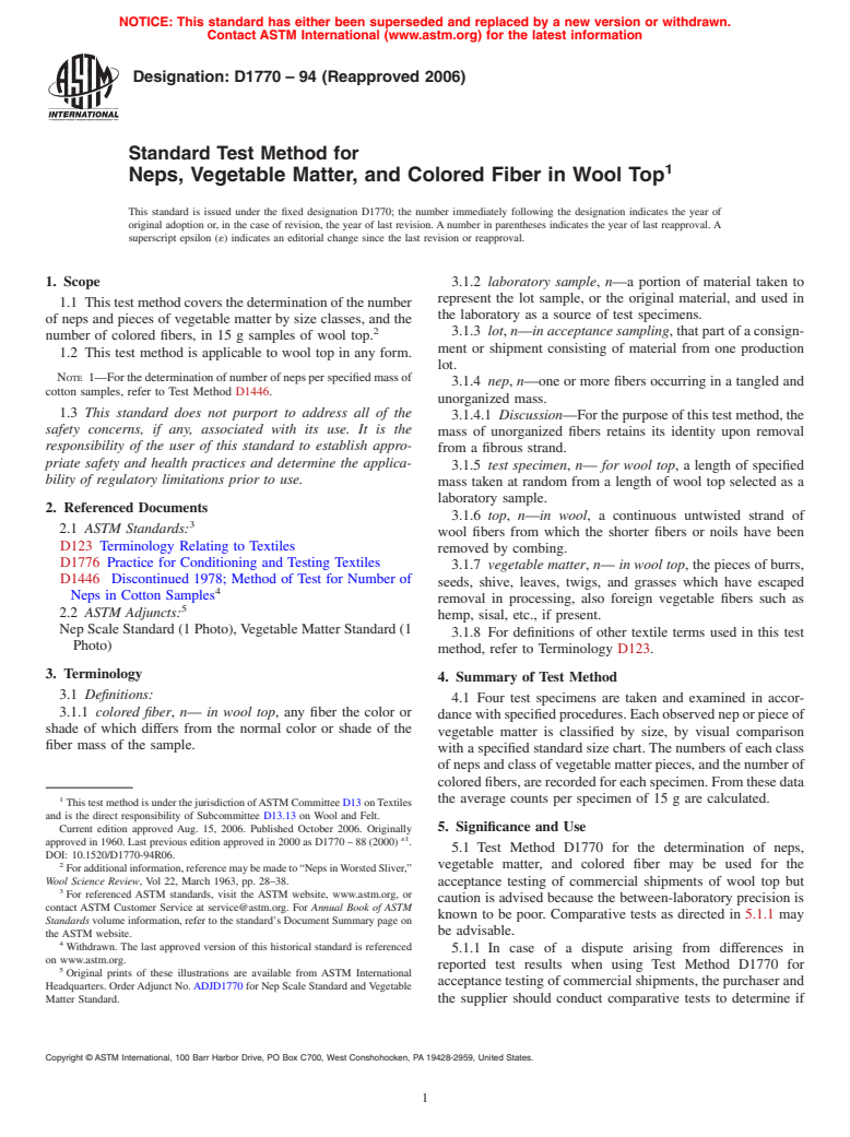 ASTM D1770-94(2006) - Standard Test Method for Neps, Vegetable Matter, and Colored Fiber in Wool Top