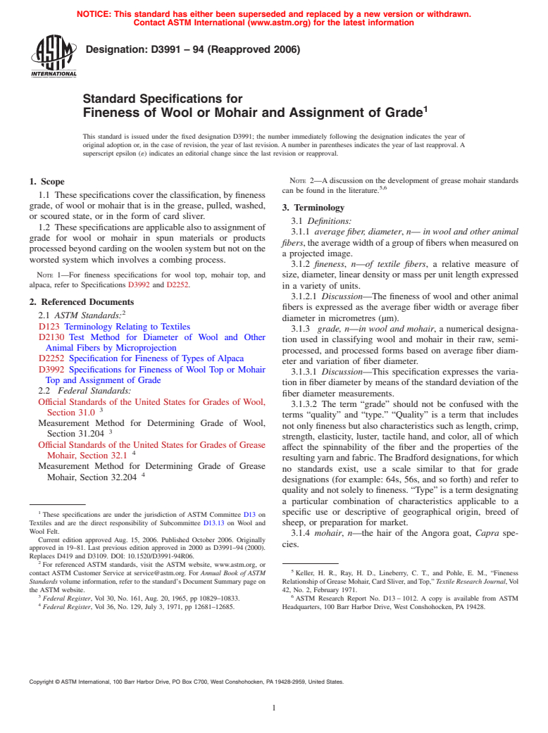 ASTM D3991-94(2006) - Standard Specifications for Fineness of Wool or Mohair and Assignment of Grade