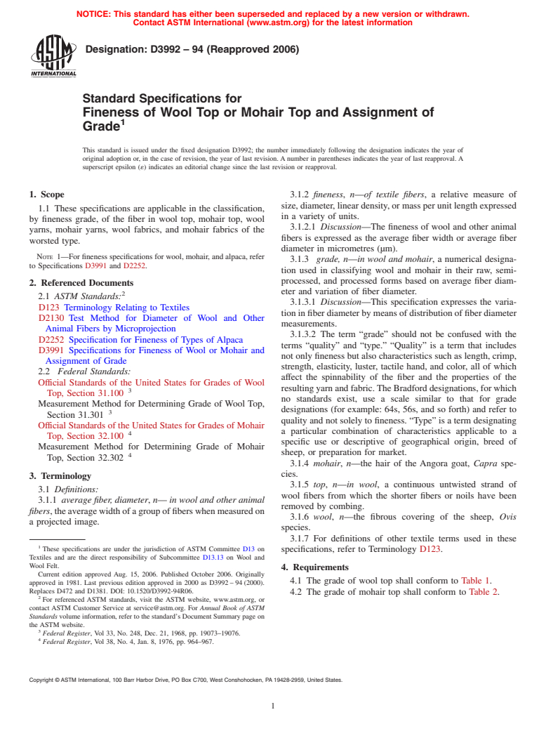 ASTM D3992-94(2006) - Standard Specifications for Fineness of Wool Top or Mohair Top and Assignment of Grade