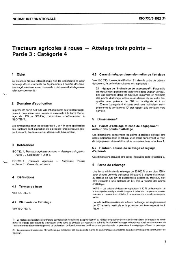 ISO 730-3:1982 - Tracteurs agricoles a roues -- Attelage trois points
