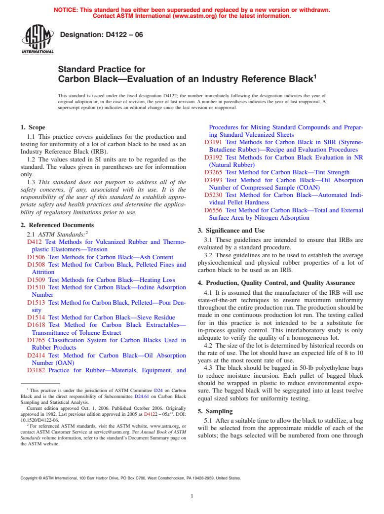 ASTM D4122-06 - Standard Practice for Carbon Black-Evaluation of an Industry Reference Black